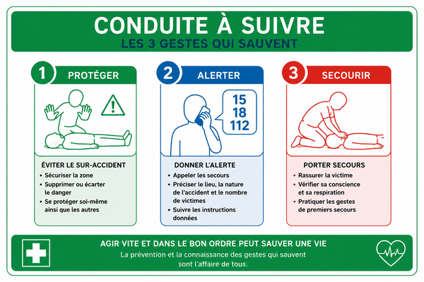 Panneau explicatif "conduite à suivre" (3 gestes qui sauvent)
