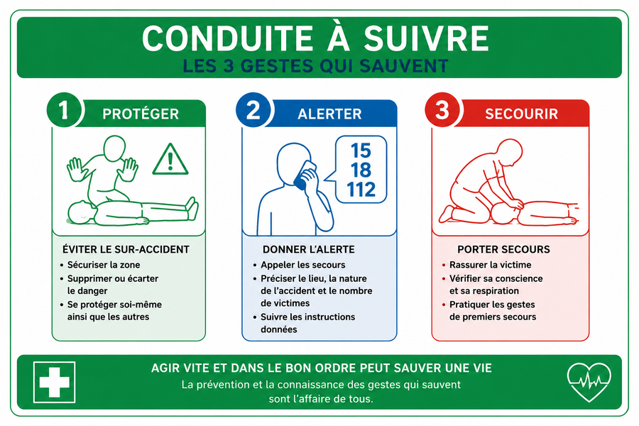 Panneau explicatif "conduite à suivre" (3 gestes qui sauvent)